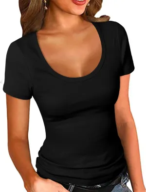 PALINDA Women's Scoop Neck Ribbed Fitted Shirt Basic Short Sleeves Summer T Shirt Tops