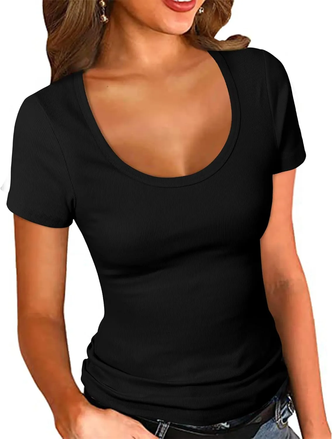 PALINDA Women's Scoop Neck Ribbed Fitted Shirt Basic Short Sleeves Summer T Shirt Tops