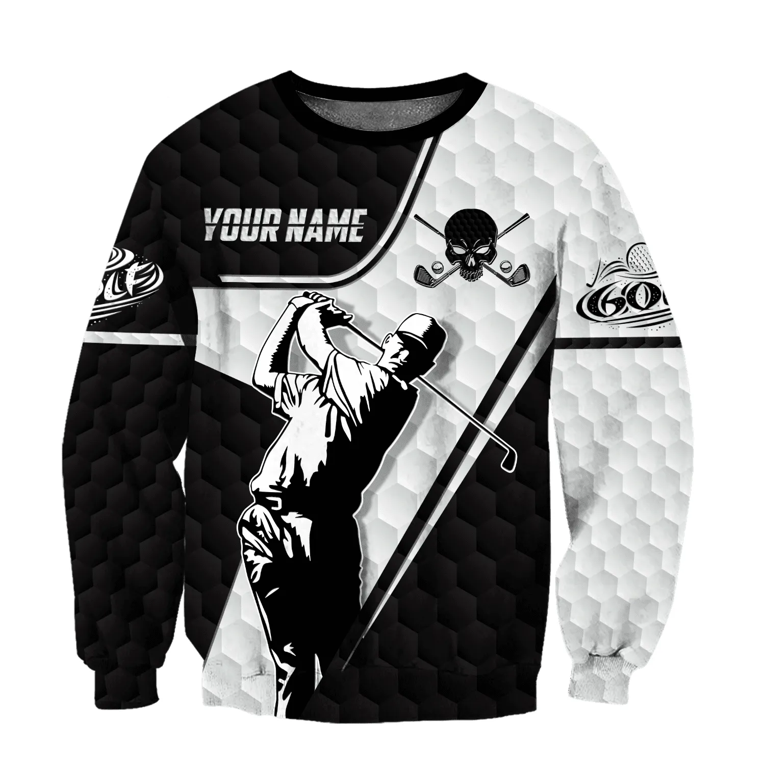 Personalized Name Golf Skull Black And White All Over Printed Pattern Sweatshirt Hoodie Christmas Shirt