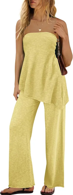 SENSERISE Womens 2 Piece Outfits Summer Knit Sweater Set Matching Lounge Set Off the Shoulder Tops and Pants