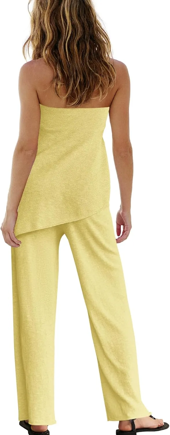 SENSERISE Womens 2 Piece Outfits Summer Knit Sweater Set Matching Lounge Set Off the Shoulder Tops and Pants