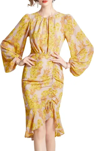 Shineflow Women's Cocktail Dress Floral Lantern Long Sleeve Crewneck Drawstring Ruched Fishtail Ruffle Hem Mini Dresses
