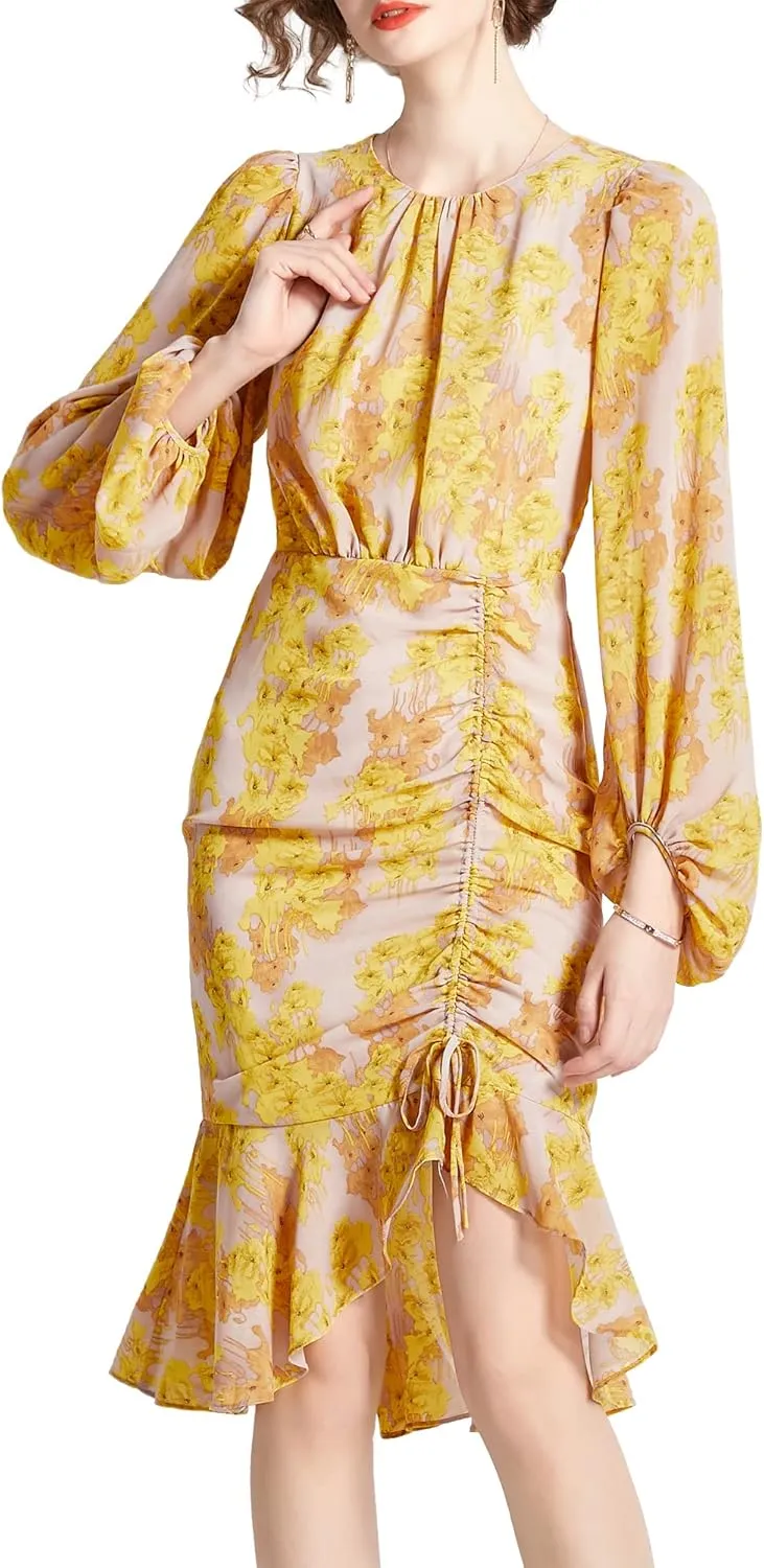 Shineflow Women's Cocktail Dress Floral Lantern Long Sleeve Crewneck Drawstring Ruched Fishtail Ruffle Hem Mini Dresses