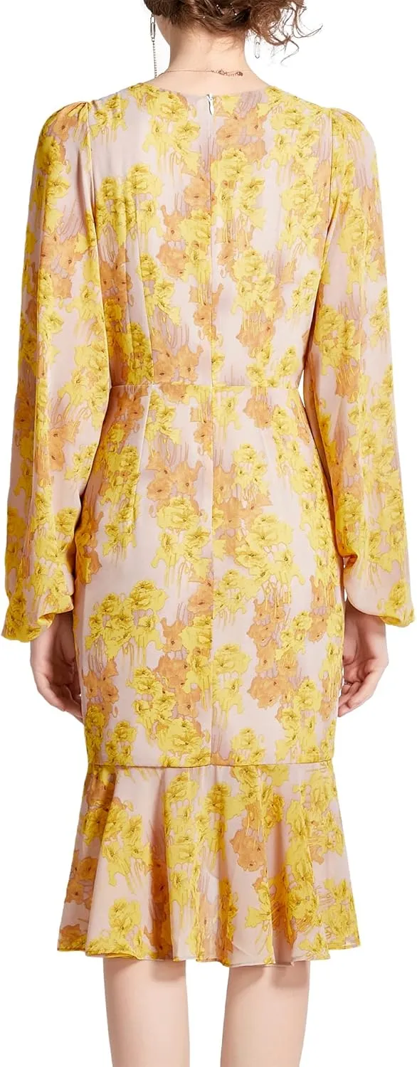 Shineflow Women's Cocktail Dress Floral Lantern Long Sleeve Crewneck Drawstring Ruched Fishtail Ruffle Hem Mini Dresses
