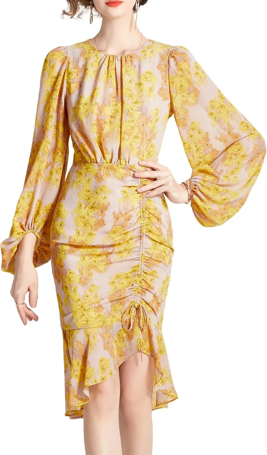 Shineflow Women's Cocktail Dress Floral Lantern Long Sleeve Crewneck Drawstring Ruched Fishtail Ruffle Hem Mini Dresses