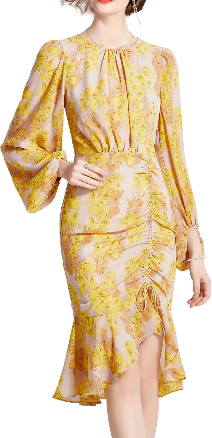 Shineflow Women's Cocktail Dress Floral Lantern Long Sleeve Crewneck Drawstring Ruched Fishtail Ruffle Hem Mini Dresses
