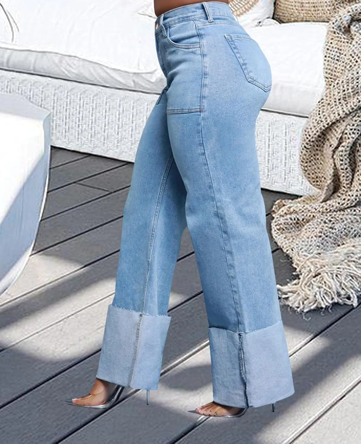 Skinny Bell Bottom Jeans for Women High Waisted Elastic Ripped Hole Flare Jeans Classic Denim Pants