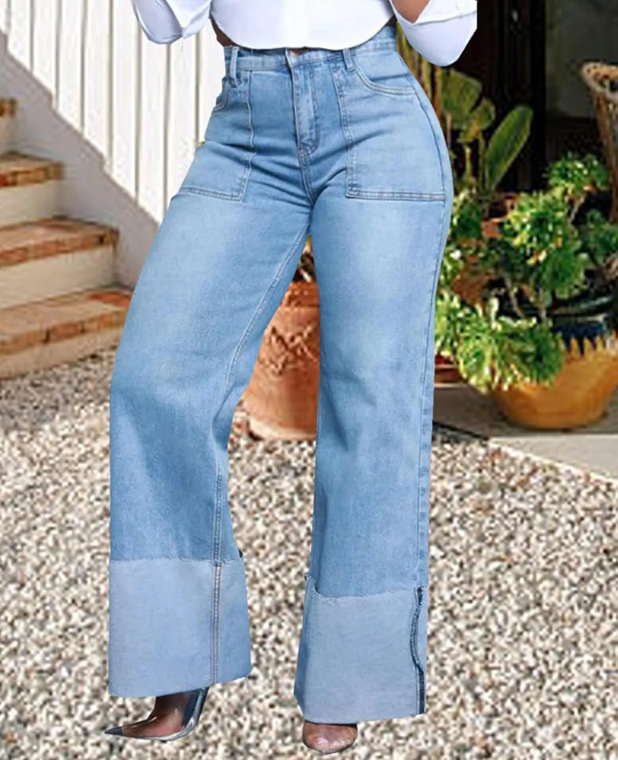 Skinny Bell Bottom Jeans for Women High Waisted Elastic Ripped Hole Flare Jeans Classic Denim Pants