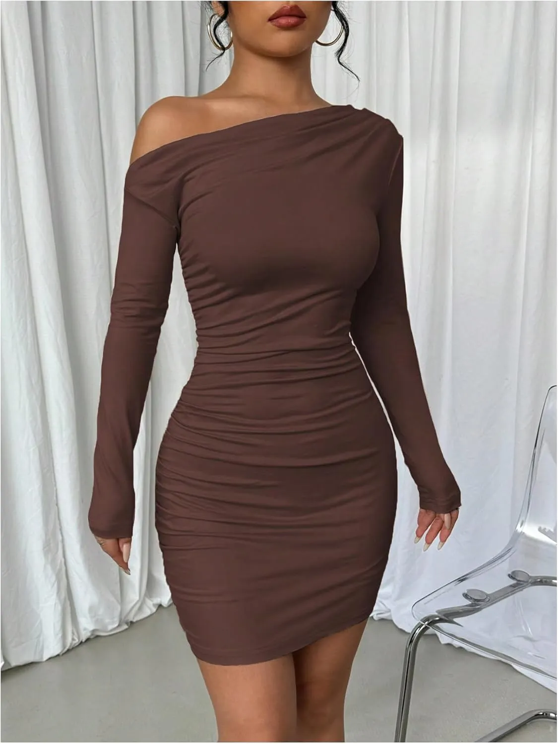 SOLY HUX Women's Ruched Bodycon Mini Dress Off The Shoulder Long Sleeve Fall Dresses