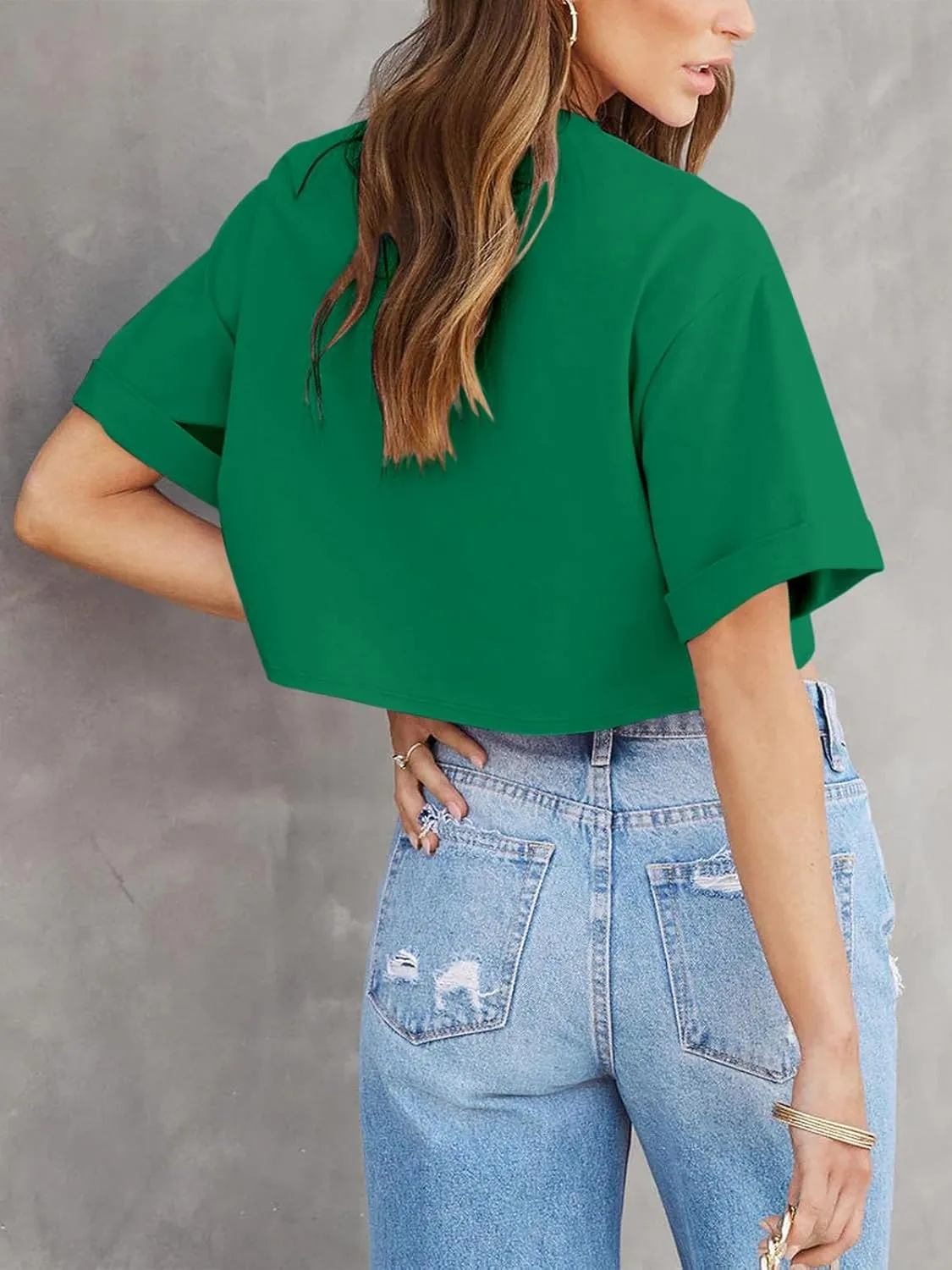 Tankaneo Women Crop T-Shirts Half Sleeve Drop Shoulder Cropped Tops Y2K Casual Summer Basic Tees