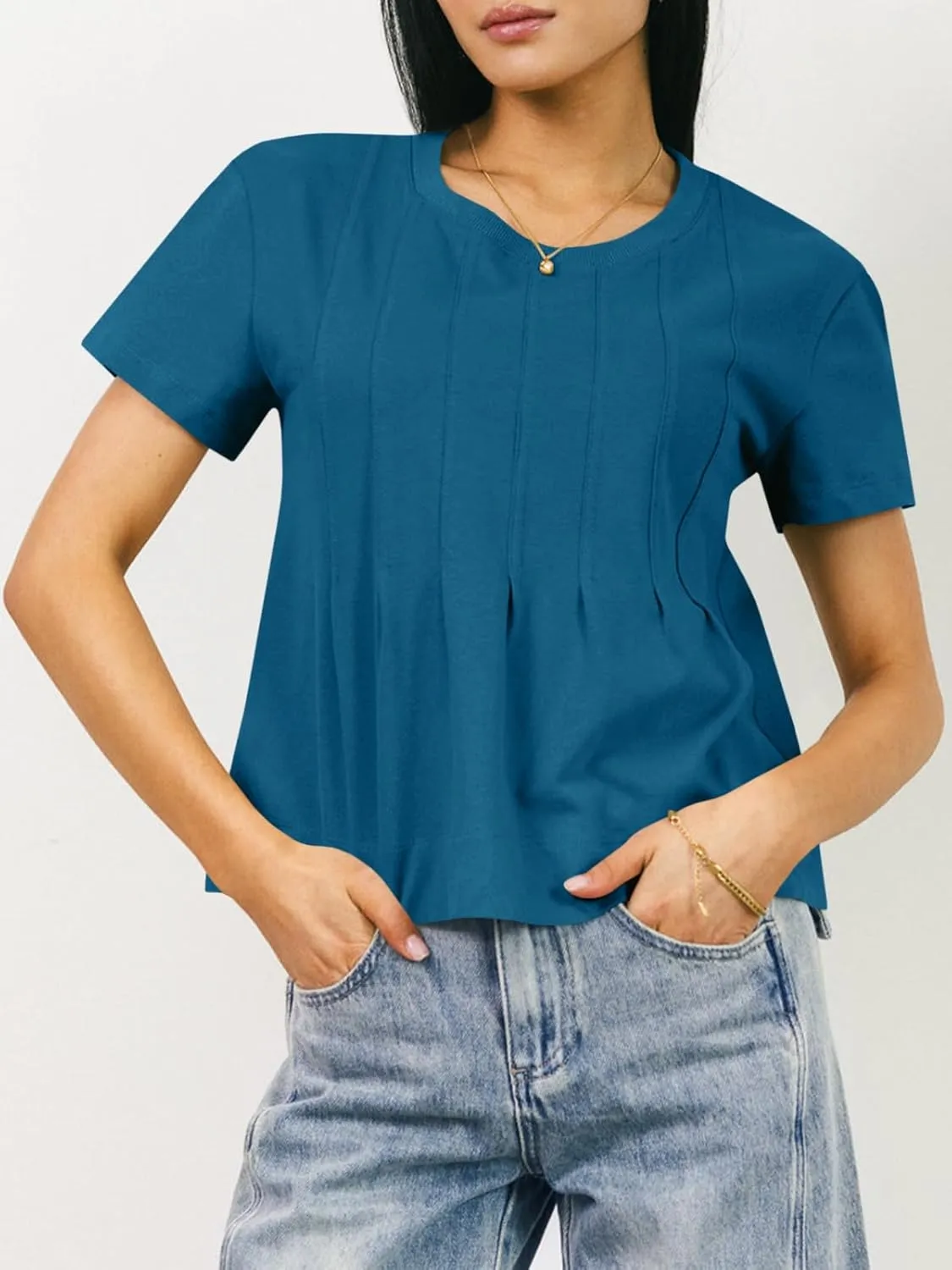 Tankaneo Womens Babydoll Tops Short Sleeve Peplum Pleated Summer T-Shirts Casual Loose Fit Flowy Tshirts 2025