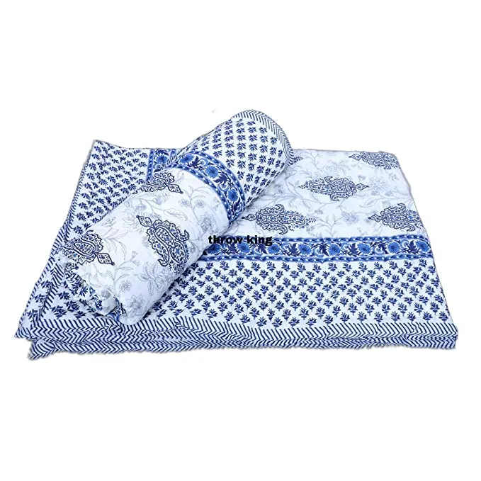 THROW KING Rajasthani Jaipuri Pure Orgenic Cotton Jaipuri Hand Look;s Printed Skin Friendly & Breathable Soft Cozy Jaipuri Razai/Rajai/Quilt/Blanket/Dohar(Single Bed)(Set of 2) (Black Buta, Single).