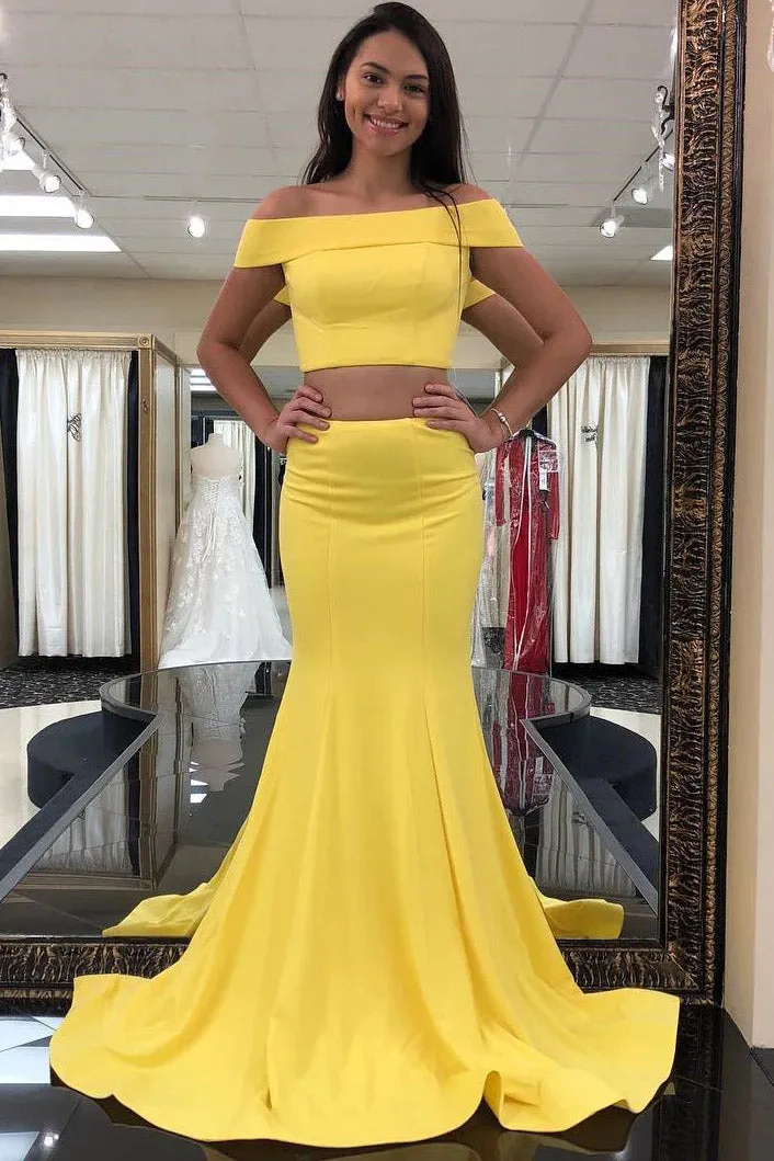 Two Piece Off the Shoulder Yellow Satin Mermaid Long Prom Gown Formal Dress UQP0262