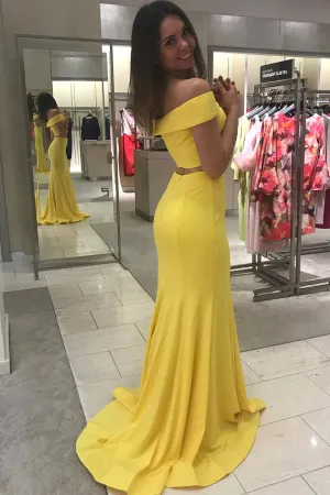 Two Piece Off the Shoulder Yellow Satin Mermaid Long Prom Gown Formal Dress UQP0262