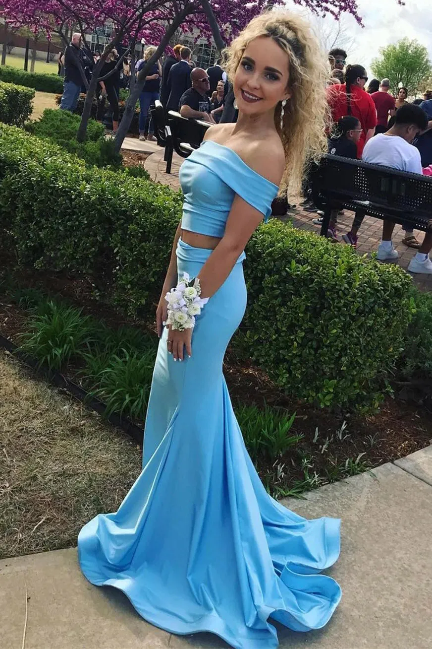 Two Piece Off the Shoulder Yellow Satin Mermaid Long Prom Gown Formal Dress UQP0262