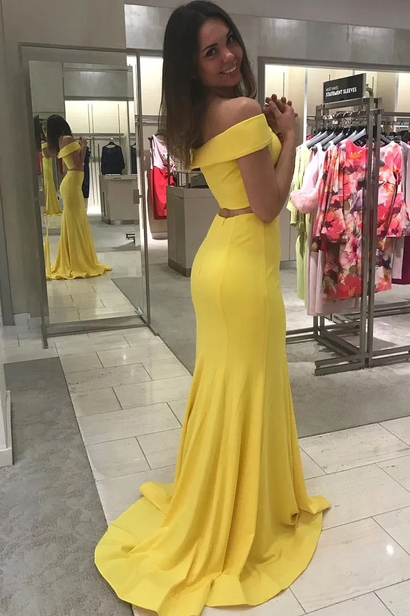 Two Piece Off the Shoulder Yellow Satin Mermaid Long Prom Gown Formal Dress UQP0262