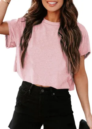 UNCLECAT Women's Cropped T Shirts Trendy Short Sleeve Crew Neck Crop Tops Solid Basic Tee