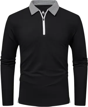 V VALANCH Zipper Polo Shirts Men Long Sleeve Golf Shirt Collared Tennis Shirt