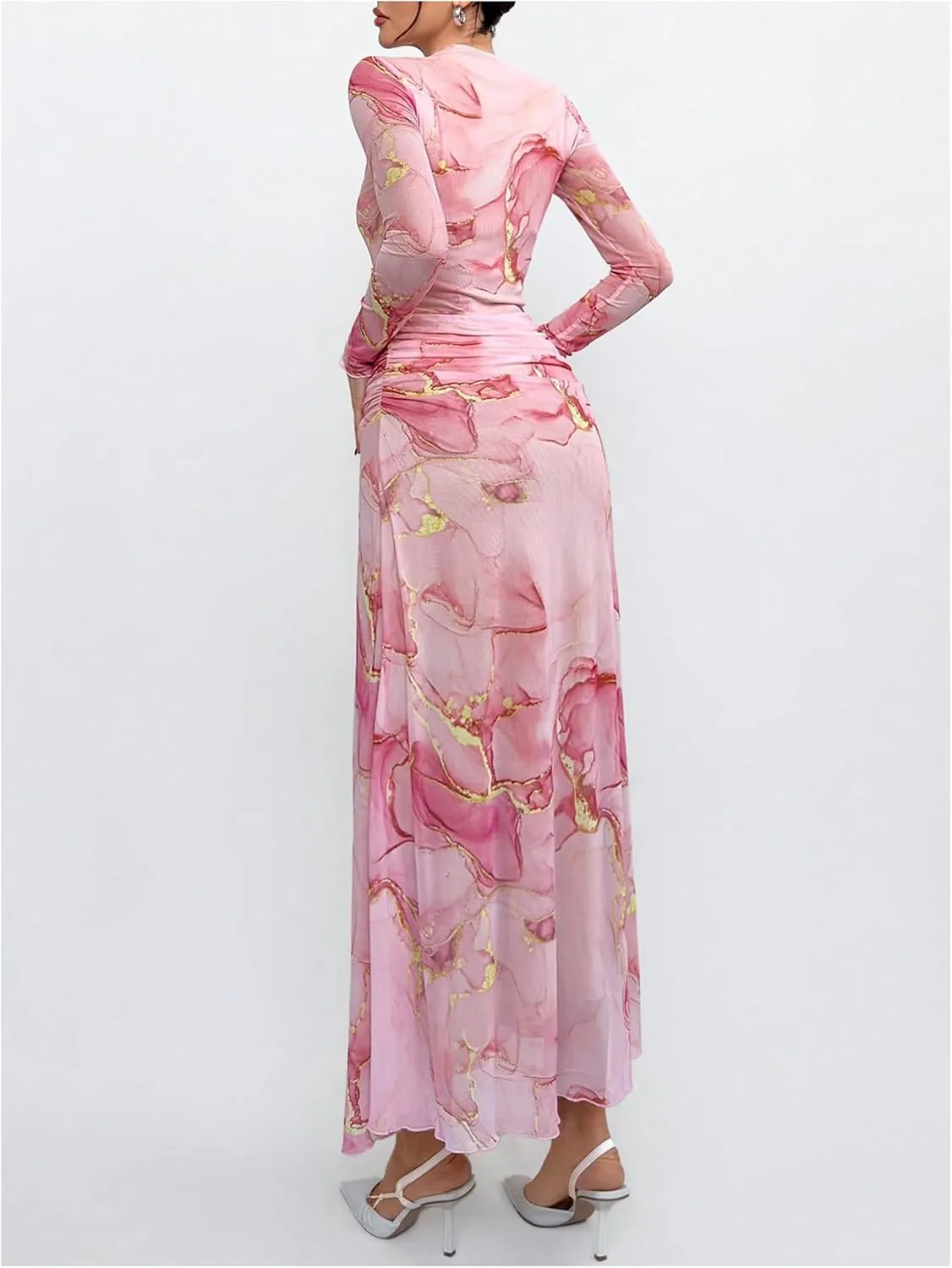 Verdusa Women's Floral Wedding Guest Dress Mesh Bodycon Long Sleeve Date Night Long Dresses