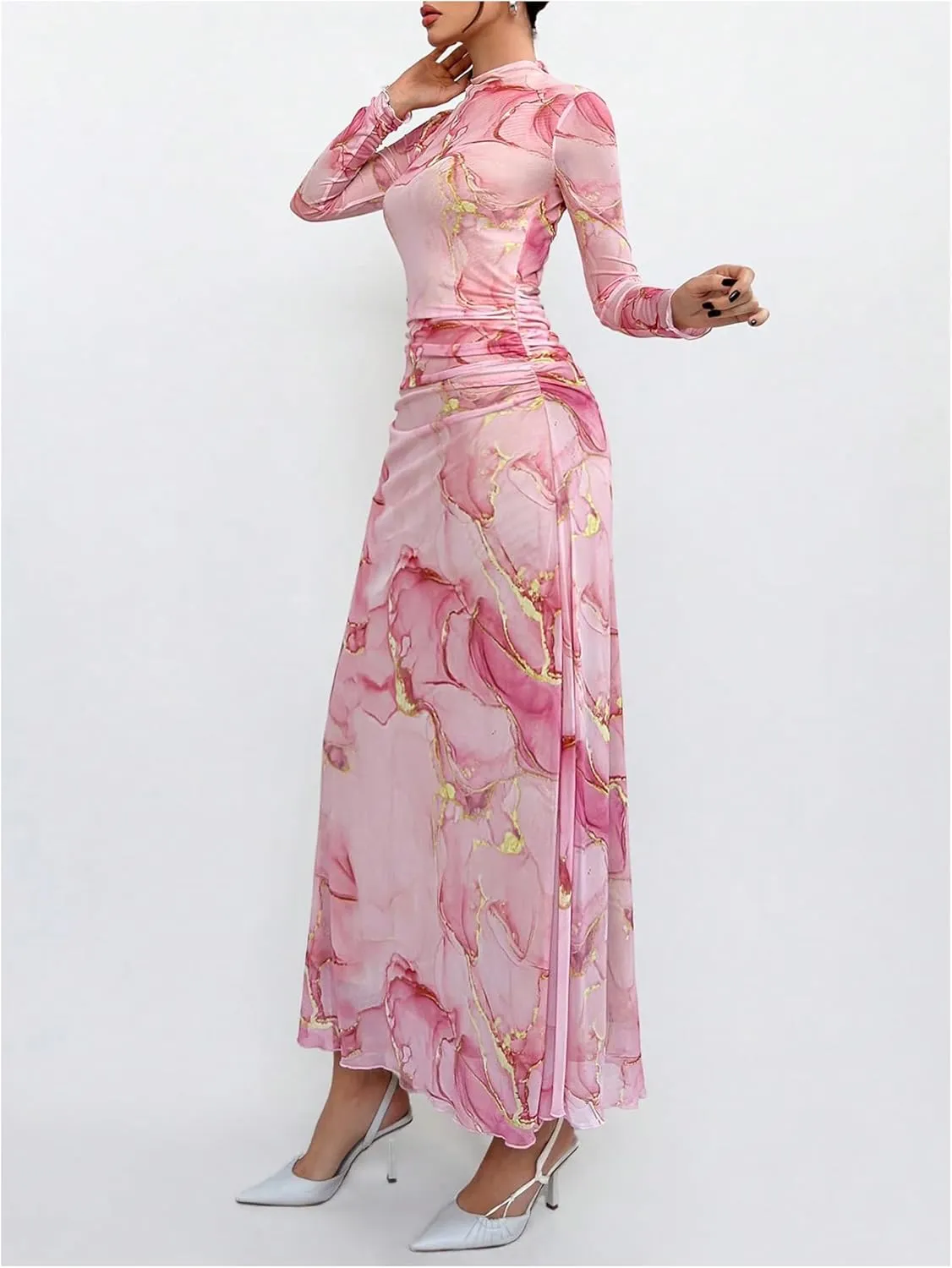 Verdusa Women's Floral Wedding Guest Dress Mesh Bodycon Long Sleeve Date Night Long Dresses