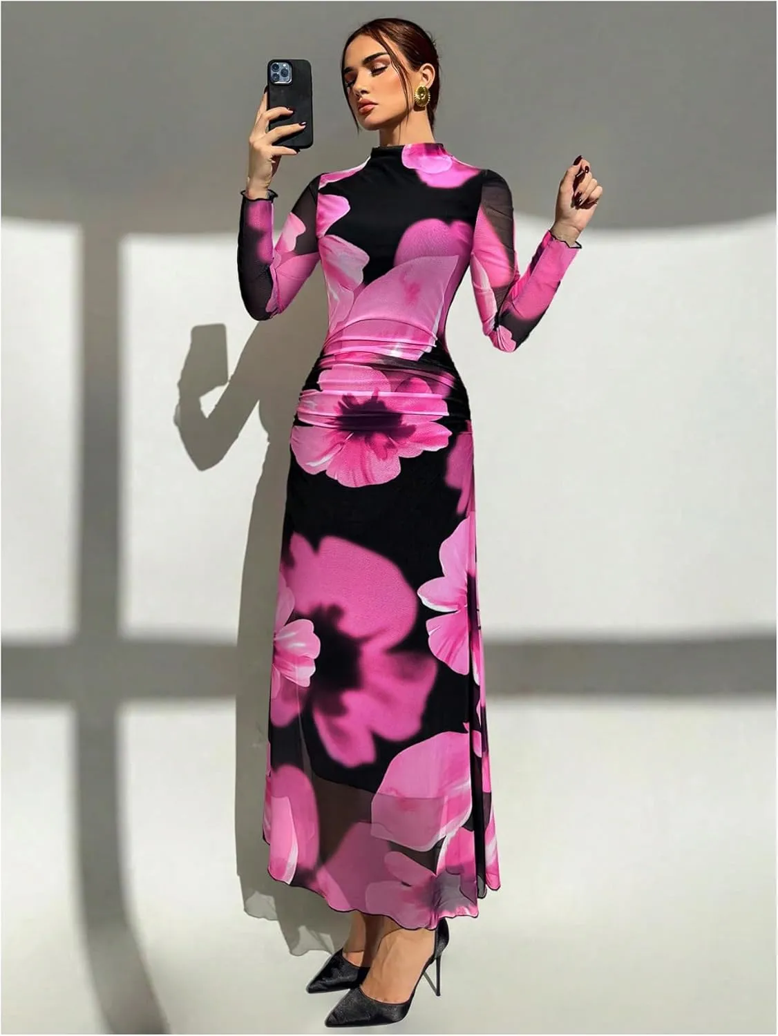 Verdusa Women's Floral Wedding Guest Dress Mesh Bodycon Long Sleeve Date Night Long Dresses