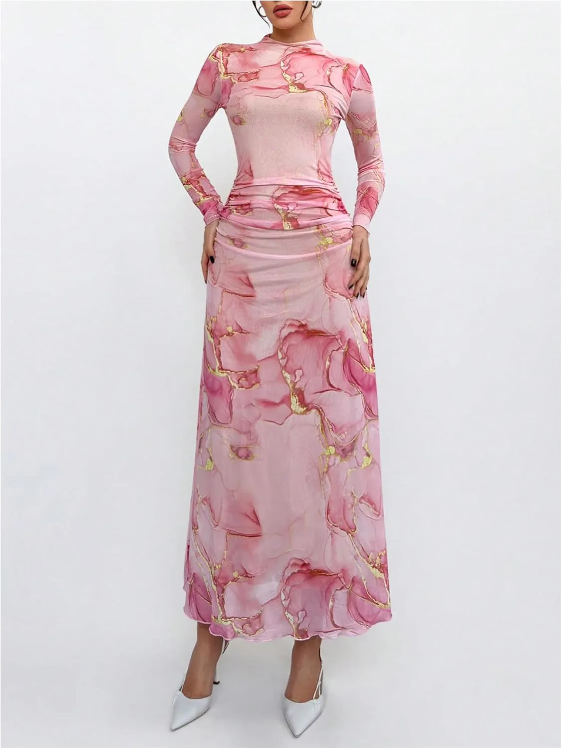 Verdusa Women's Floral Wedding Guest Dress Mesh Bodycon Long Sleeve Date Night Long Dresses