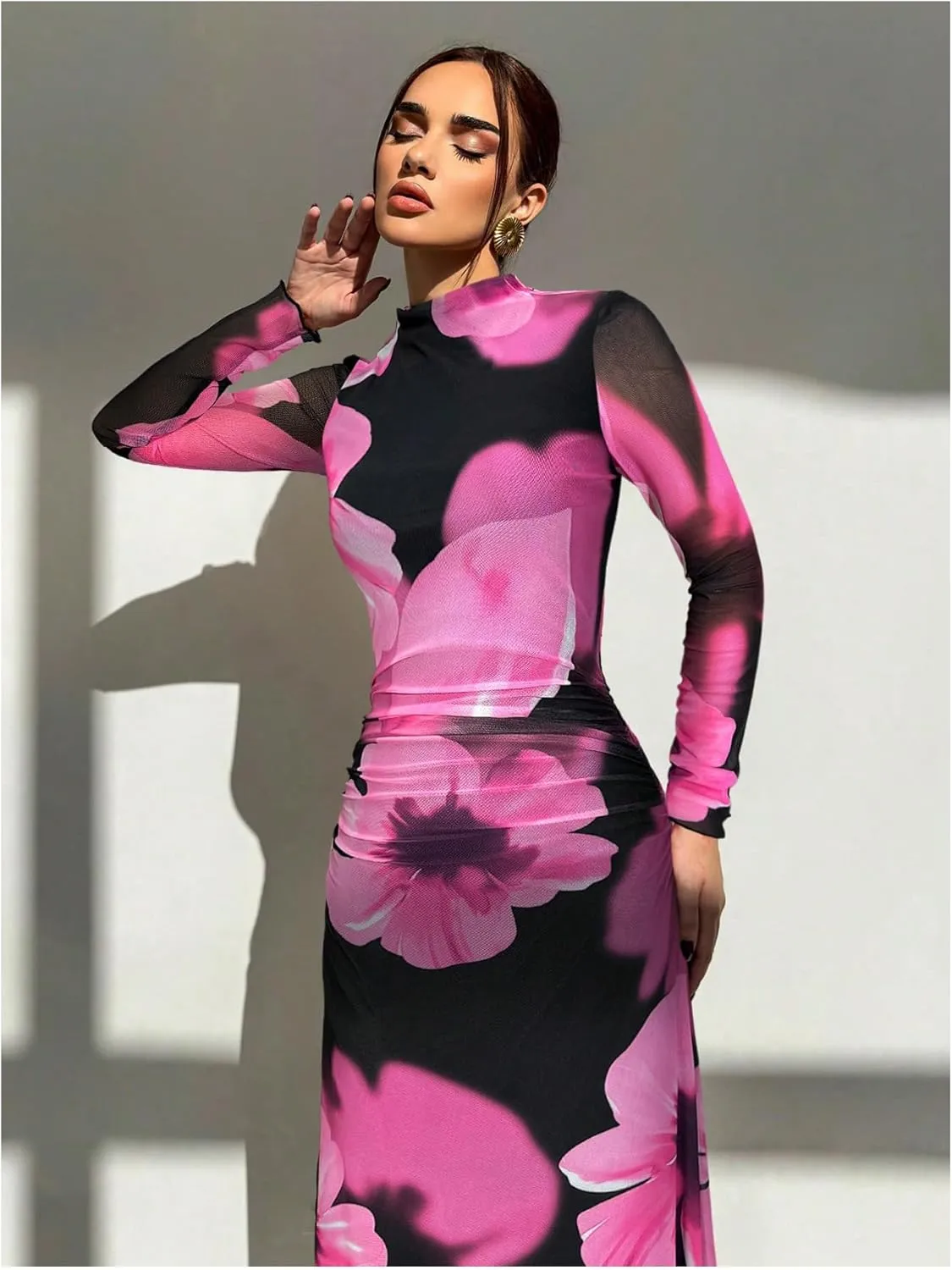 Verdusa Women's Floral Wedding Guest Dress Mesh Bodycon Long Sleeve Date Night Long Dresses