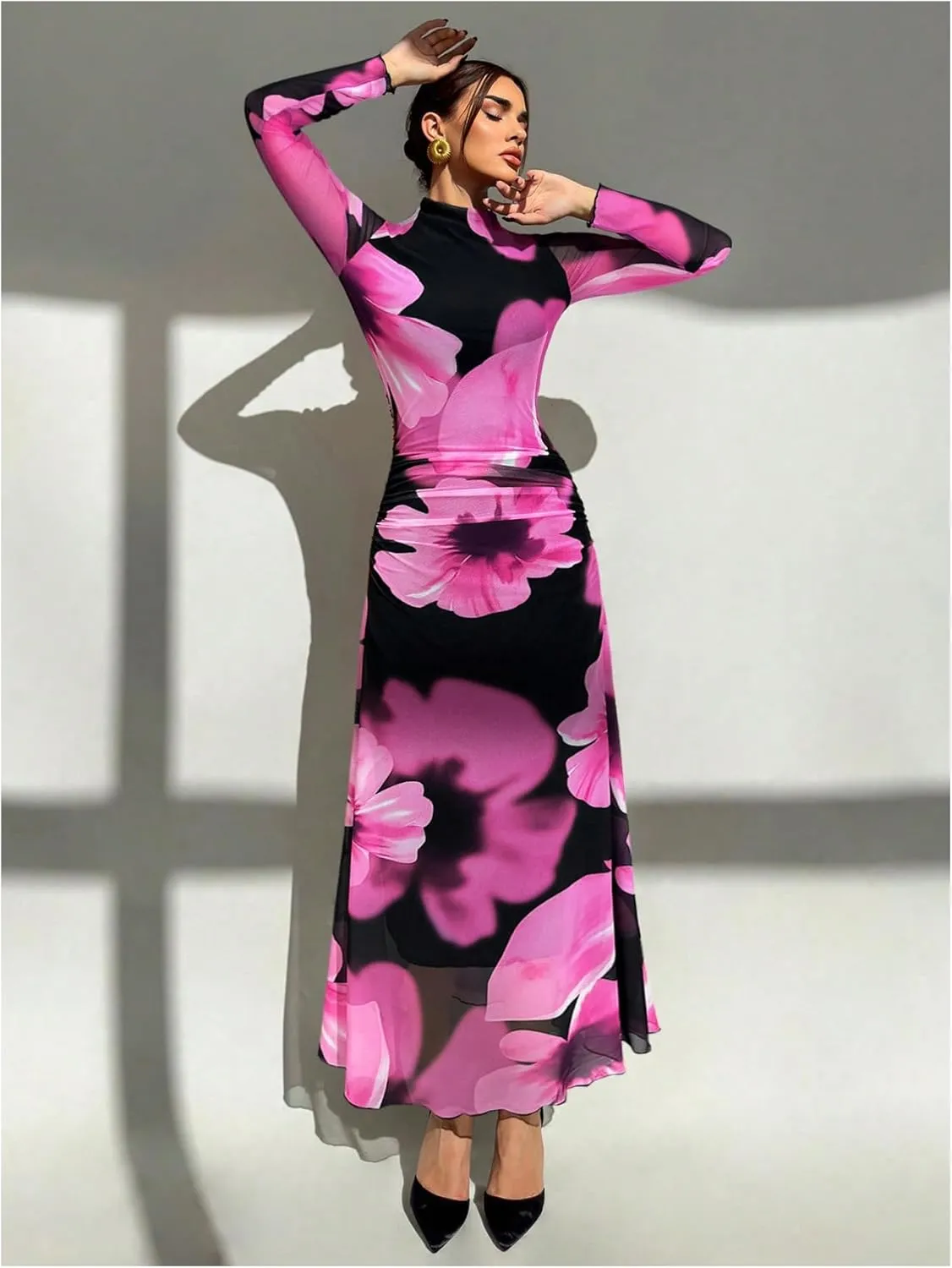 Verdusa Women's Floral Wedding Guest Dress Mesh Bodycon Long Sleeve Date Night Long Dresses