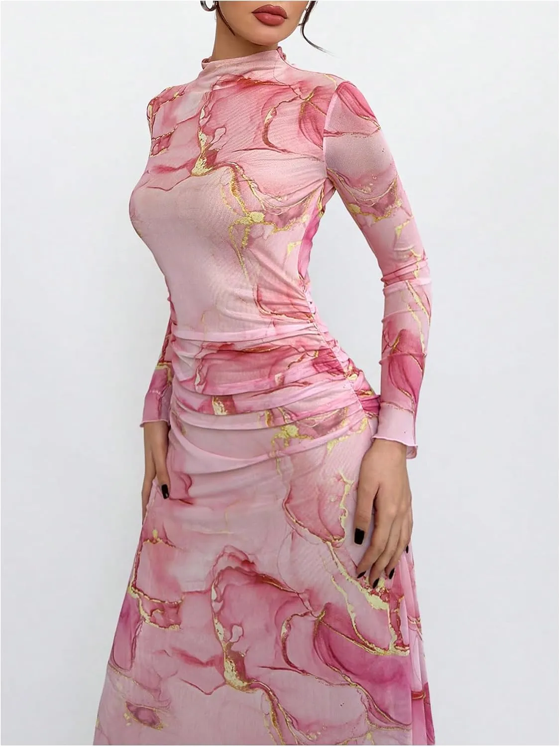 Verdusa Women's Floral Wedding Guest Dress Mesh Bodycon Long Sleeve Date Night Long Dresses