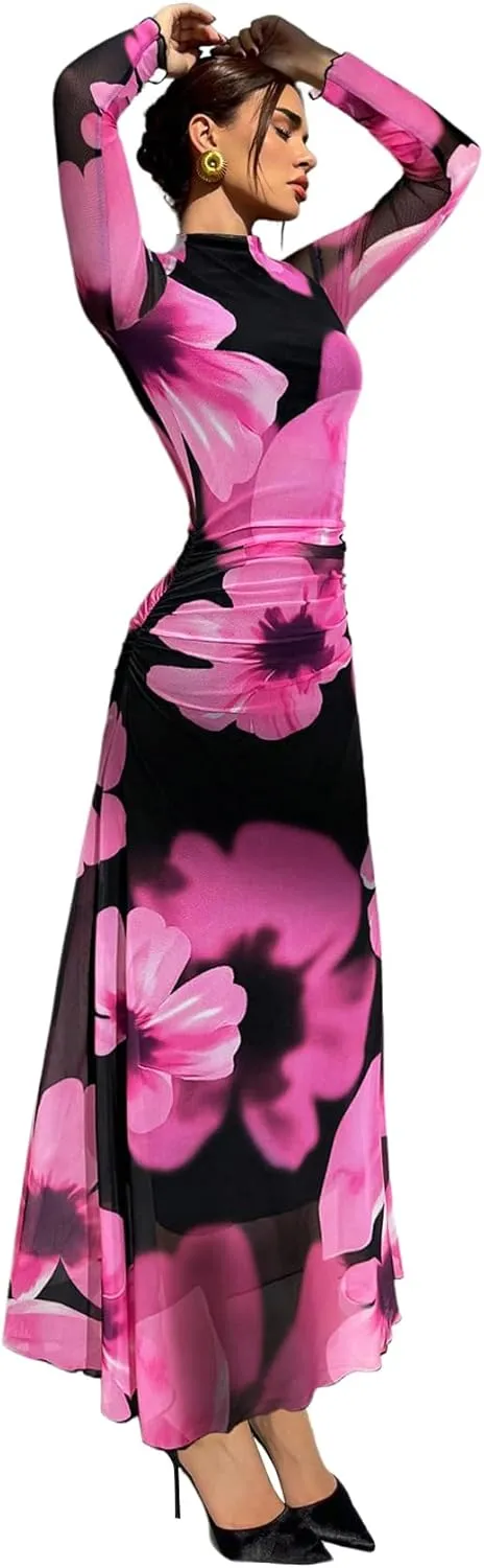 Verdusa Women's Floral Wedding Guest Dress Mesh Bodycon Long Sleeve Date Night Long Dresses