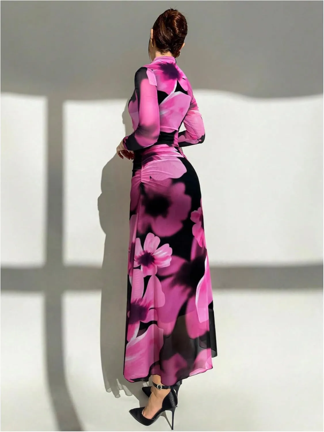 Verdusa Women's Floral Wedding Guest Dress Mesh Bodycon Long Sleeve Date Night Long Dresses