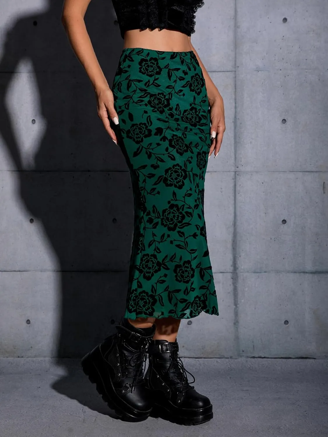 Verdusa Women's Lettuce Trim High Waist Mesh Fishtail Bodycon Long Skirt