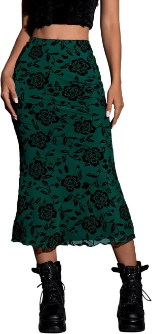 Verdusa Women's Lettuce Trim High Waist Mesh Fishtail Bodycon Long Skirt