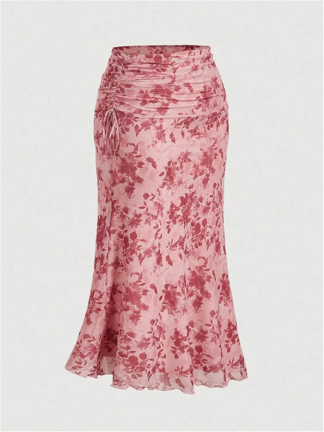 Verdusa Women's Plus Size Floral Fishtail Skirt Side Drawstring Ruched Maxi Skirt