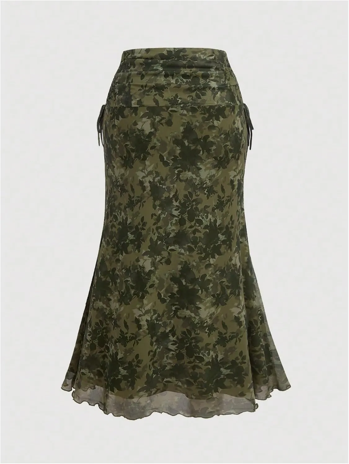 Verdusa Women's Plus Size Floral Fishtail Skirt Side Drawstring Ruched Maxi Skirt