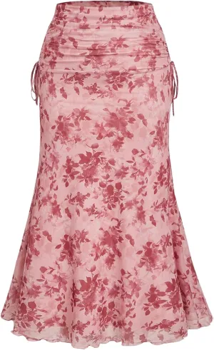 Verdusa Women's Plus Size Floral Fishtail Skirt Side Drawstring Ruched Maxi Skirt