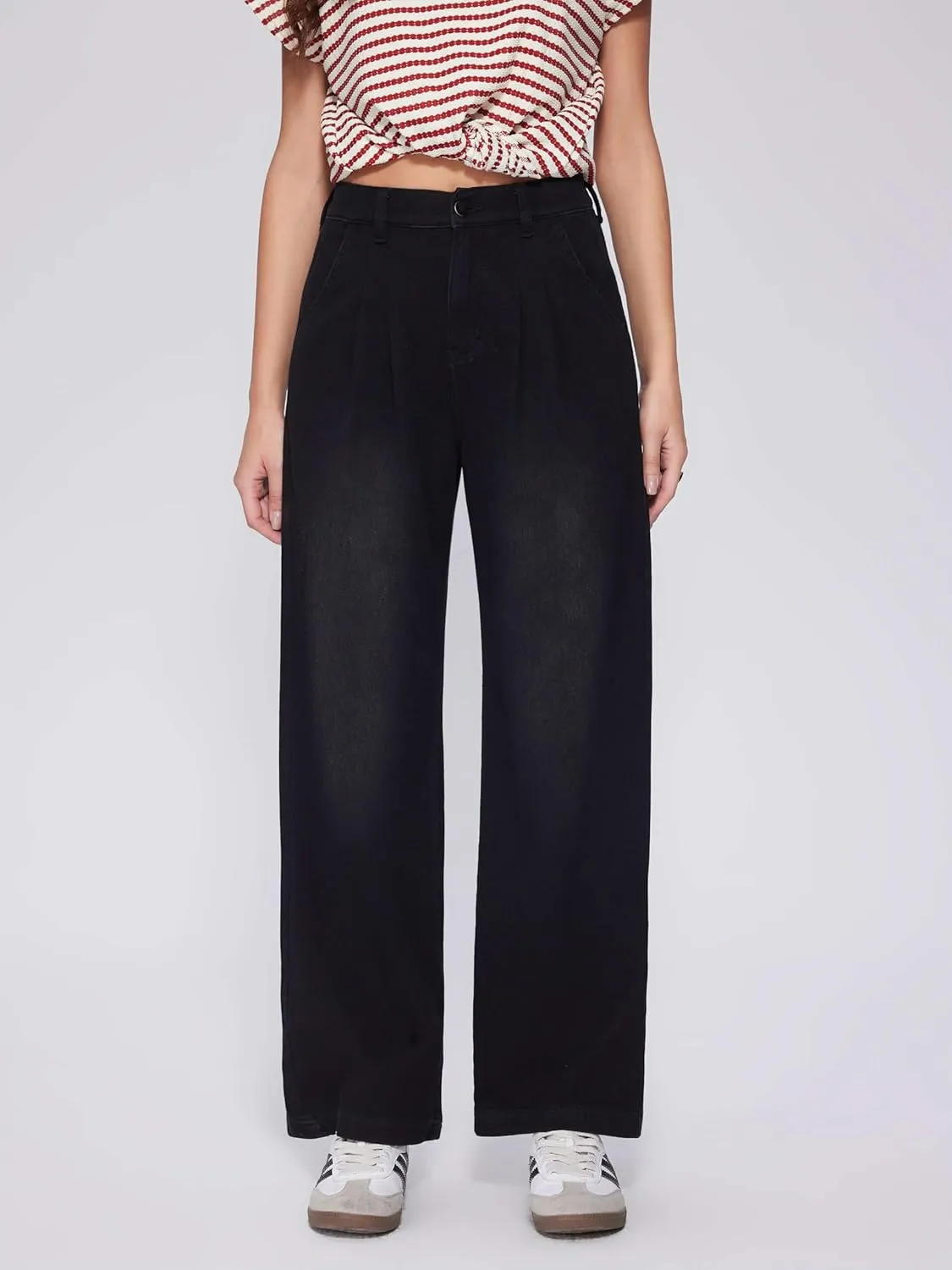 Vinova Womens Wide Leg Baggy Jeans Stretchy Pleated High Waisted Denim Pants Trouser Jeans