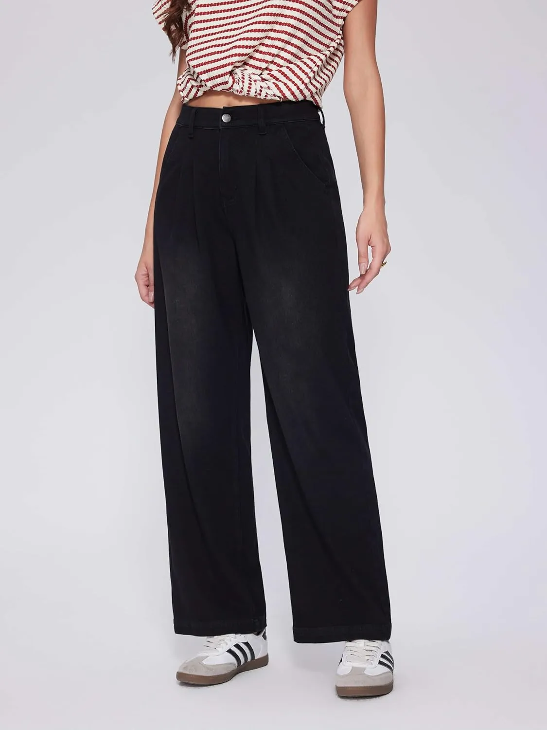 Vinova Womens Wide Leg Baggy Jeans Stretchy Pleated High Waisted Denim Pants Trouser Jeans