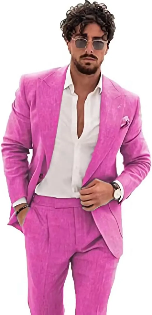 Wangyue Men's 2-Piece Linen Suit Casual Slim Fit Vintage Suits Groomsmen Tuxedos Wedding Summer Beach Blazer Pants Set