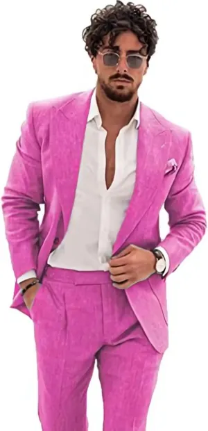 Wangyue Men's 2-Piece Linen Suit Casual Slim Fit Vintage Suits Groomsmen Tuxedos Wedding Summer Beach Blazer Pants Set