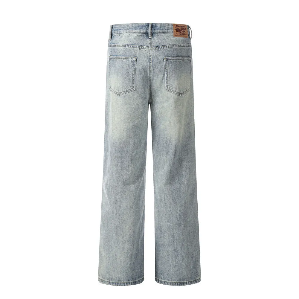 Wash Water Denim Wide-leg Straight Trousers Vintage Worn