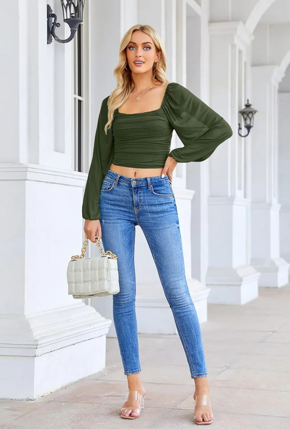 Wenrine Womens Mesh Long Sleeve Crop Tops Night Going Out Square Neck Off The Shoulder Ruched Shirt Blouses Dressy Casual