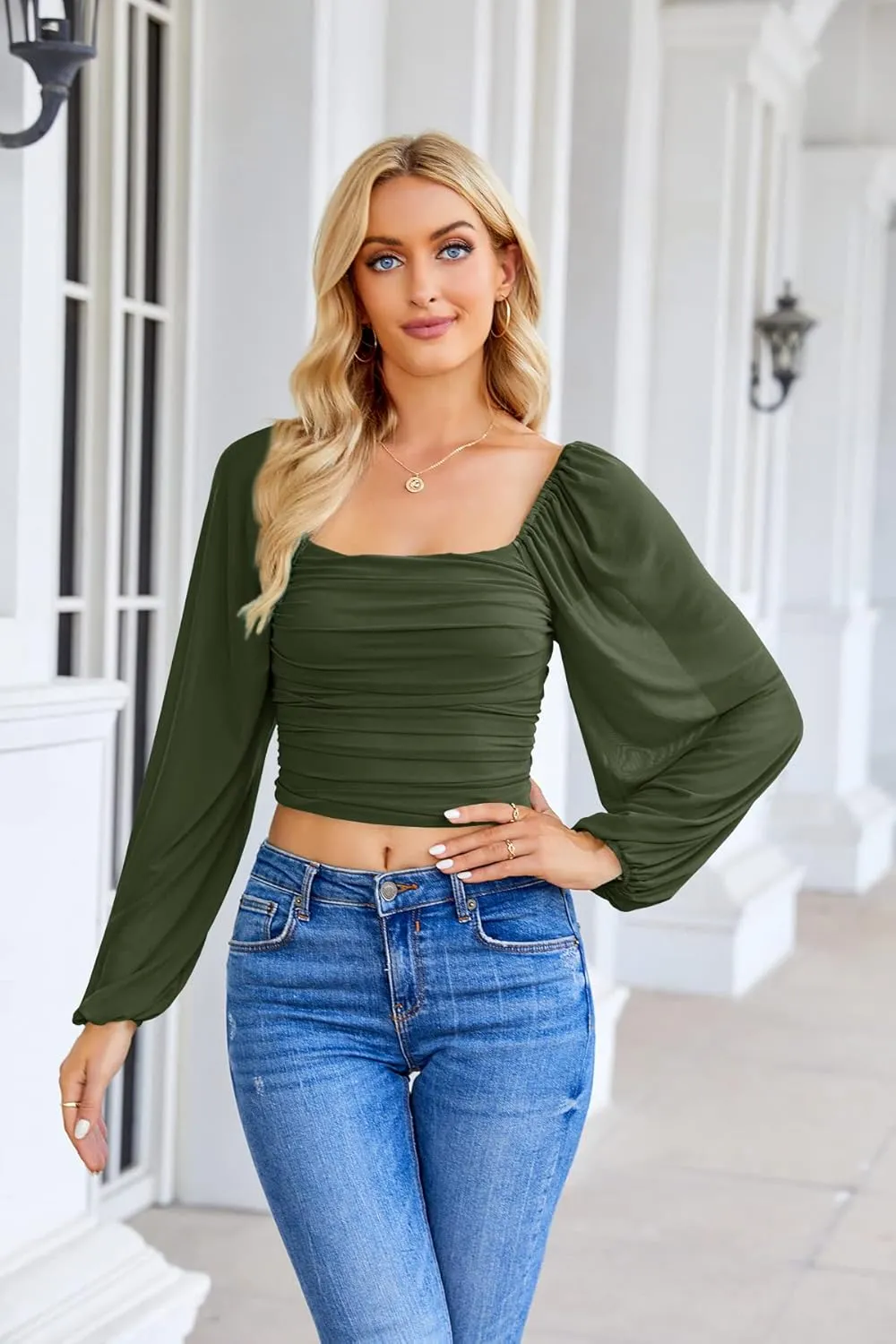 Wenrine Womens Mesh Long Sleeve Crop Tops Night Going Out Square Neck Off The Shoulder Ruched Shirt Blouses Dressy Casual