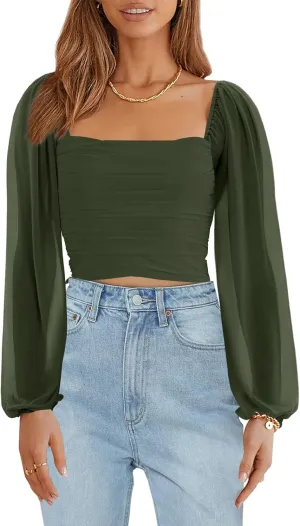 Wenrine Womens Mesh Long Sleeve Crop Tops Night Going Out Square Neck Off The Shoulder Ruched Shirt Blouses Dressy Casual