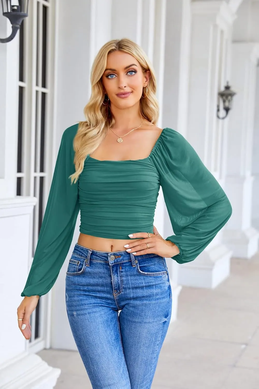 Wenrine Womens Mesh Long Sleeve Crop Tops Night Going Out Square Neck Off The Shoulder Ruched Shirt Blouses Dressy Casual