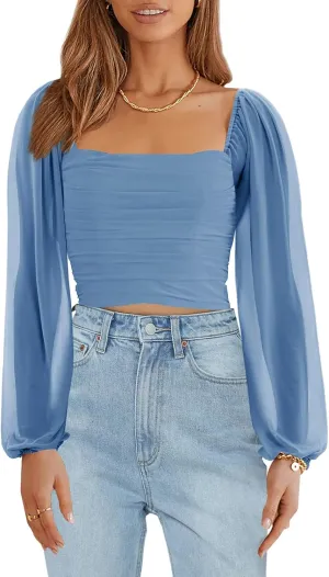Wenrine Womens Mesh Long Sleeve Crop Tops Night Going Out Square Neck Off The Shoulder Ruched Shirt Blouses Dressy Casual
