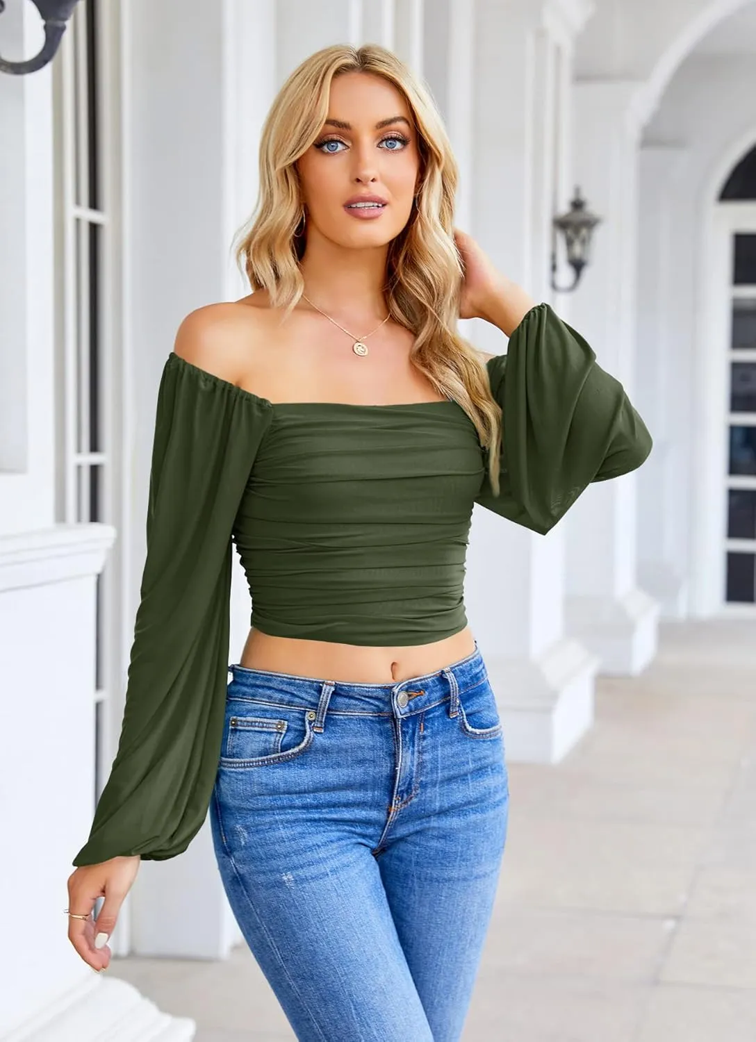 Wenrine Womens Mesh Long Sleeve Crop Tops Night Going Out Square Neck Off The Shoulder Ruched Shirt Blouses Dressy Casual