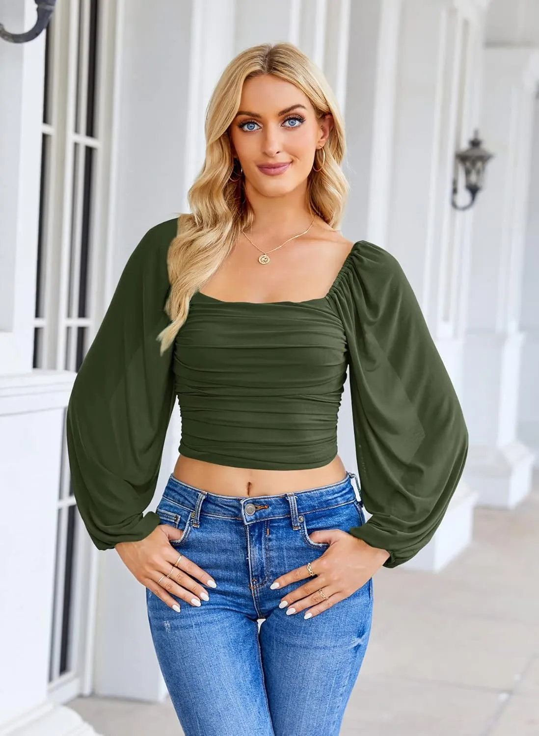 Wenrine Womens Mesh Long Sleeve Crop Tops Night Going Out Square Neck Off The Shoulder Ruched Shirt Blouses Dressy Casual