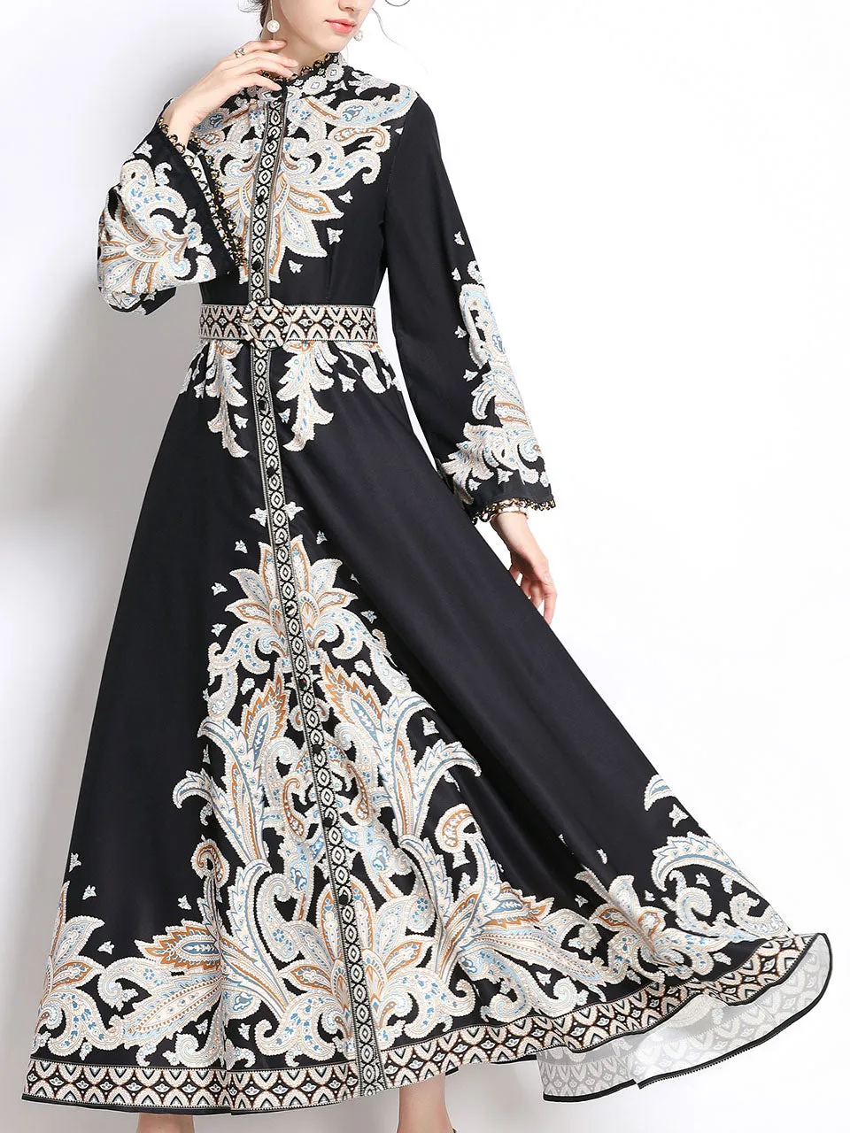 White Lace Stand Collar Floral Printed Boho Dress Maxi Dress