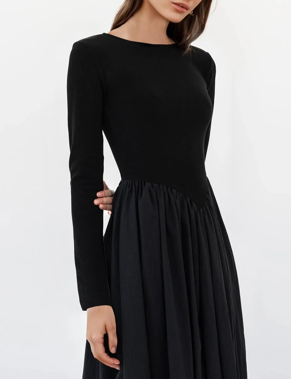 Women Boat Neck Long Sleeve Maxi Dresses Slim Fit Drop-Waist Patchwork Dress Flowy Swing Fall Long Dress